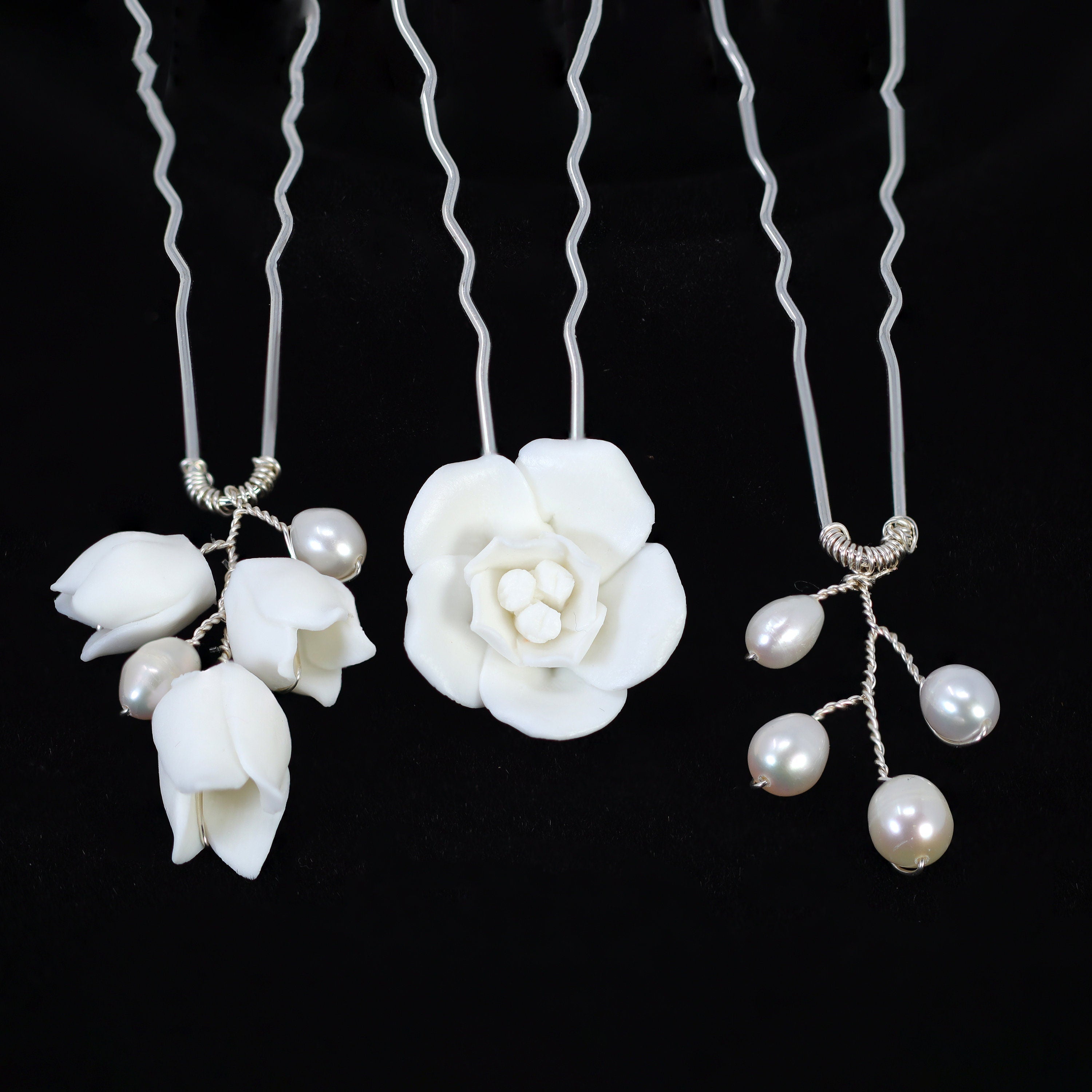 3-Piece Freshwater Pearl Dusted White Rose & Lily Blossom Hair Comb Set - Elegant Bridal Hair Pins & Wedding Hair Accessories for Brides, Bridesmaids & Special Occasions