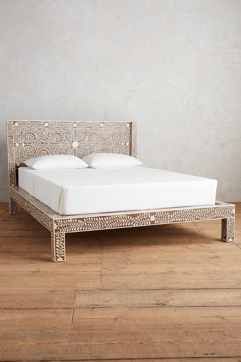 Handmade Bone Inlay King/Queen Size Platform Bed with Upholstered Headboard - Luxury Bedroom Furniture for Master Suite & Guest Room Decor