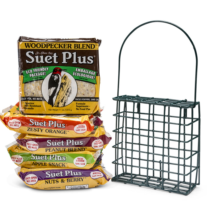 Suet Plus Suet Cakes Variety Pack - 5 High Energy Wild Bird Feed Cakes with Feeder | Attract Cardinals, Woodpeckers & Bluebirds | Perfect for Backyard Bird Watching & Winter Feeding