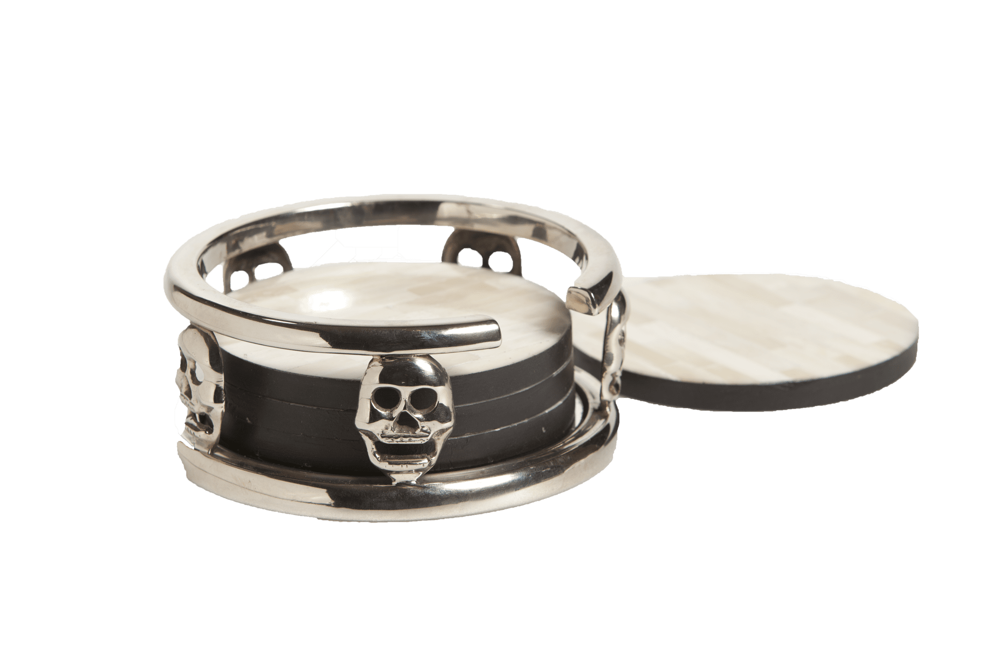 Premium Skull Metal Coaster Set with 4 Durable Resin Coasters - Gothic Home Bar Decor for Whiskey, Beer & Cocktail Glasses - Perfect for Man Cave, Halloween Party & Gothic Themed Events