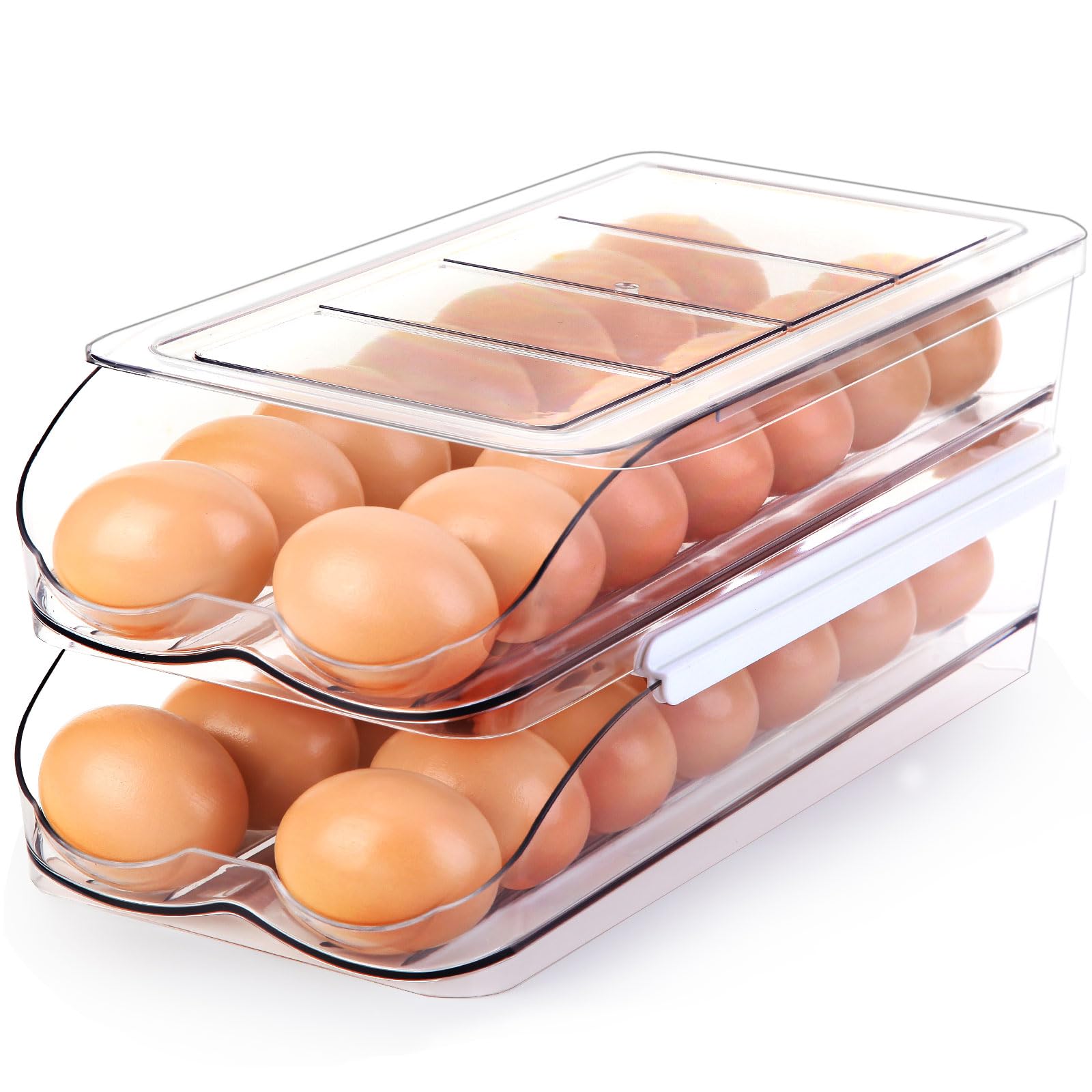 Automatic Rolling Egg Holder for Refrigerator - 2 Tier Stackable Clear Plastic Egg Container with Lid | Fridge Organizer & Storage Dispenser | Perfect for Kitchen Organization & Fresh Egg Storage