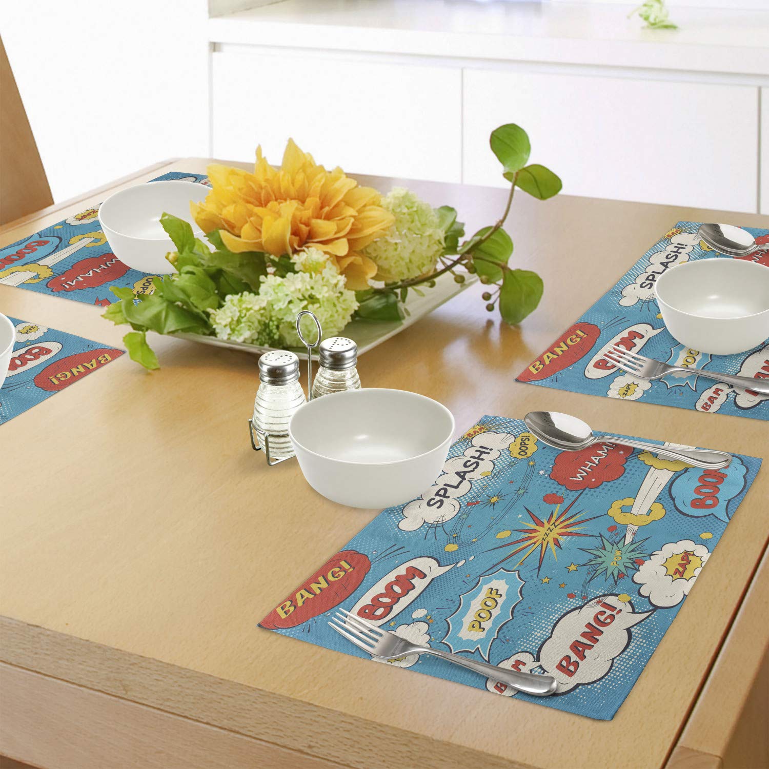 Lunarable Superhero Place Mats Set of 4 - Pop Art Style Comic Speech Bubbles with Funny Humor Expressions (Boom, Splash, Bang) | Washable Fabric Dining Table Placemats | Standard Size (Cream & Blue) | Perfect for Superhero-Themed Parties, Comic Book Lovers, and Fun Family Meals