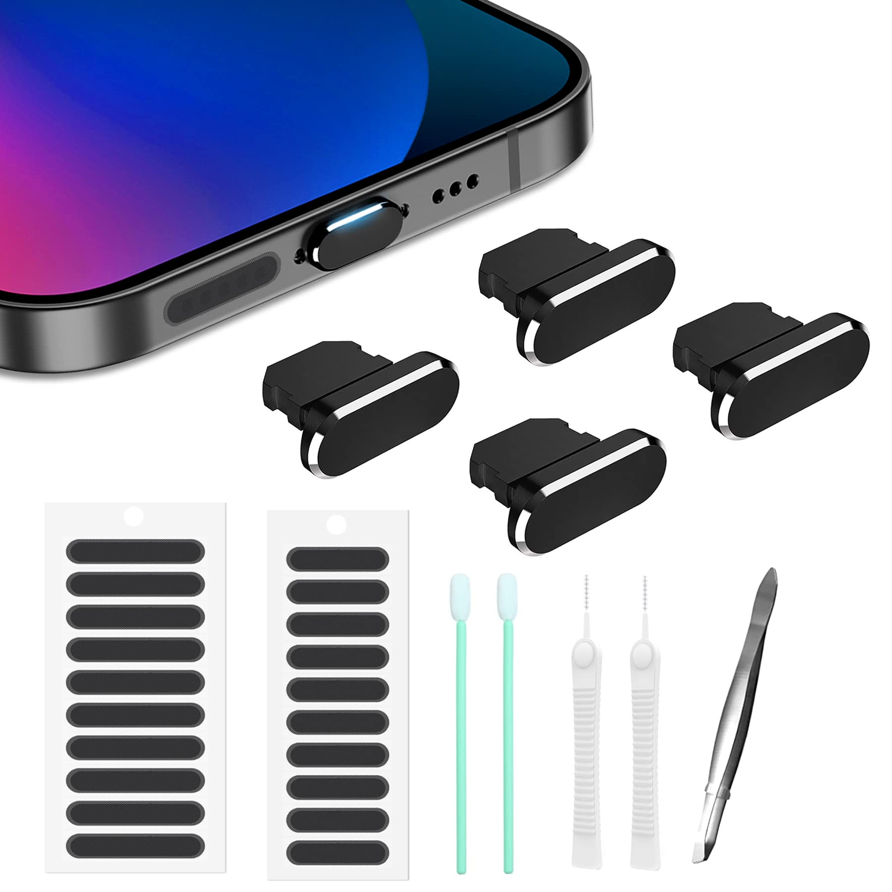 iPhone & AirPods Dust Plug Set - Lightning Port Protector & Speaker Cover | Anti-Dust Charging Port Cover for iPhone 11/12/13/14/15 Pro Max & AirPods Cases | Perfect for Travel, Gym & Outdoor Activities (Black)