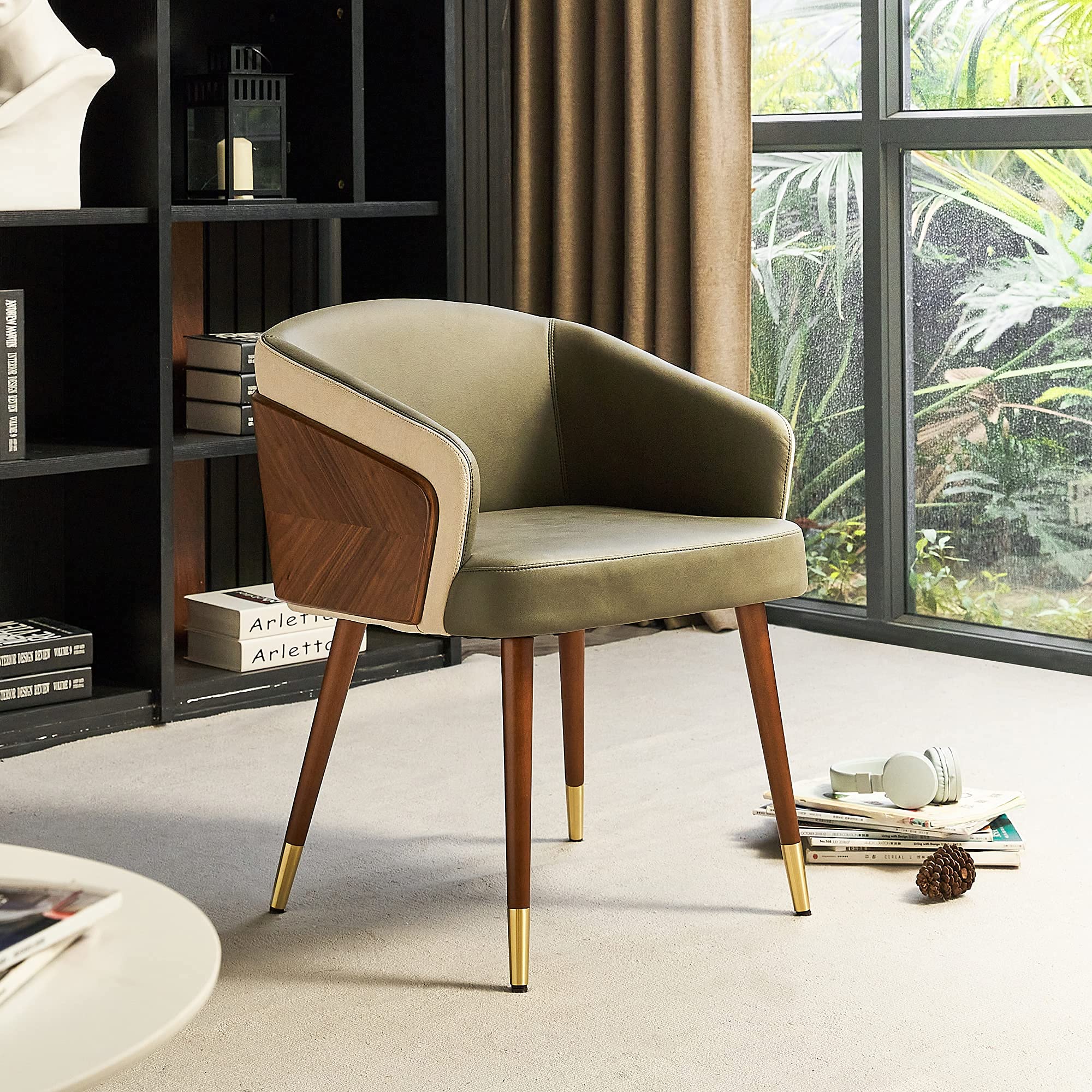 ARTPLAN Mid Century Modern Dining Chair - Faux Leather & Walnut Upholstery, Retro Accent Armchair with Metal Legs - Adjustable & Easy Assembly - Perfect for Kitchen, Dining Room & Home Office (Army Green)