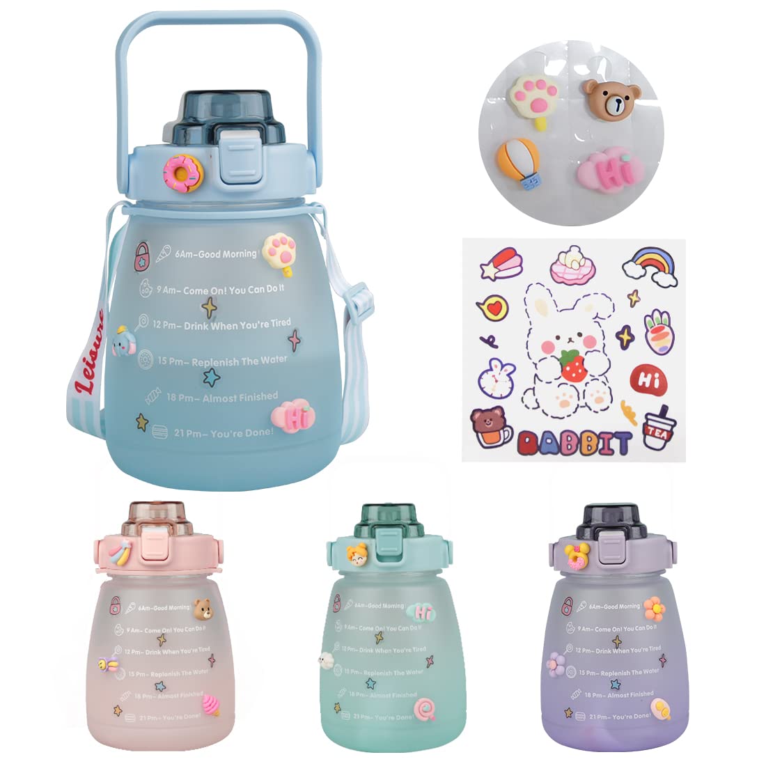 Kawaii 1.4L Large Capacity Water Bottle with Straw, Shoulder Strap & 3D Stickers - Cute Big Belly Portable Bottle for Camping, Sports, Travel, School & Office (Blue)