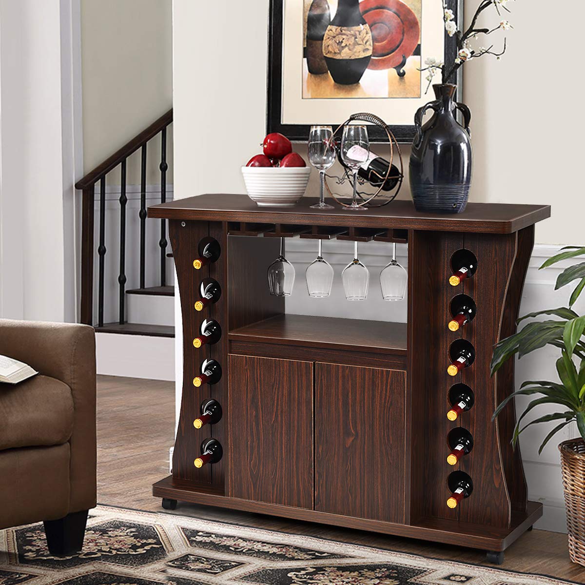 Giantex 12-Bottle Rolling Bar Cabinet with Glass Holder - 2-Door Mobile Buffet Sideboard with Storage for Wine, Liquor & Kitchen Essentials - Perfect for Dining Room, Living Room & Home Entertaining (Brown)