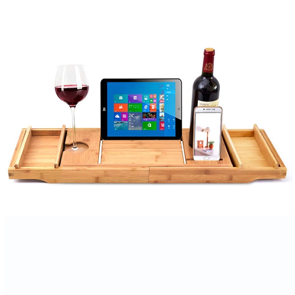 Premium Bamboo Bathtub Tray with Extendable Sides - Built-in Book/Tablet Holder, Phone Tray & Wine Glass Holder - Spa Bath Accessories Organizer for Relaxing Bath Time, Reading & Wine Enjoyment