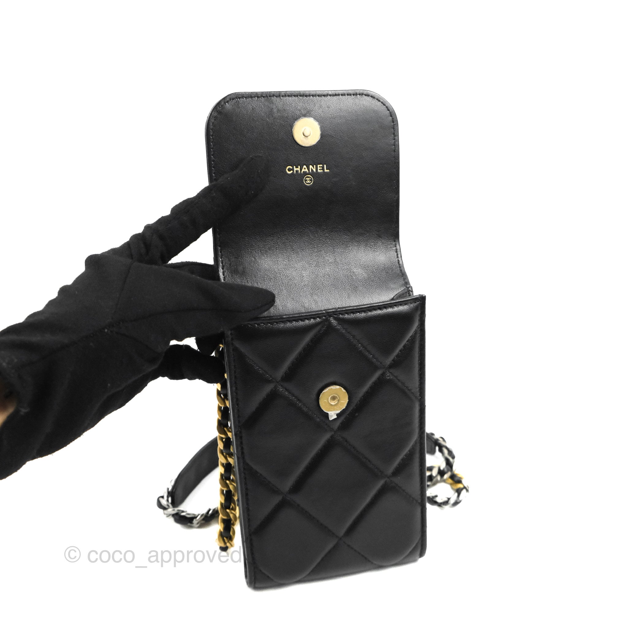 Chanel 19 Phone Holder in Black with Mixed Hardware - Luxury Smartphone Accessory for Everyday Use & Travel