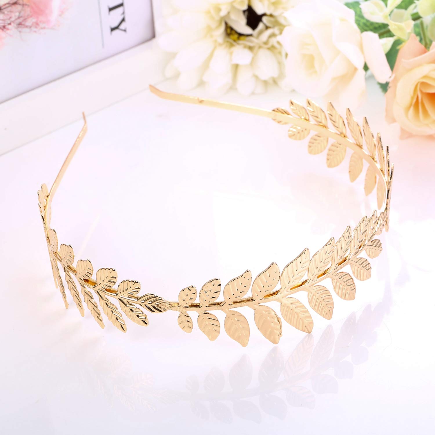 FINREZIO Greek Goddess Headband & Arm Cuff Set - Roman Laurel Leaf Crown & Adjustable Armlet Bracelet for Bridal, Wedding, Cosplay & Festival Costume Accessories