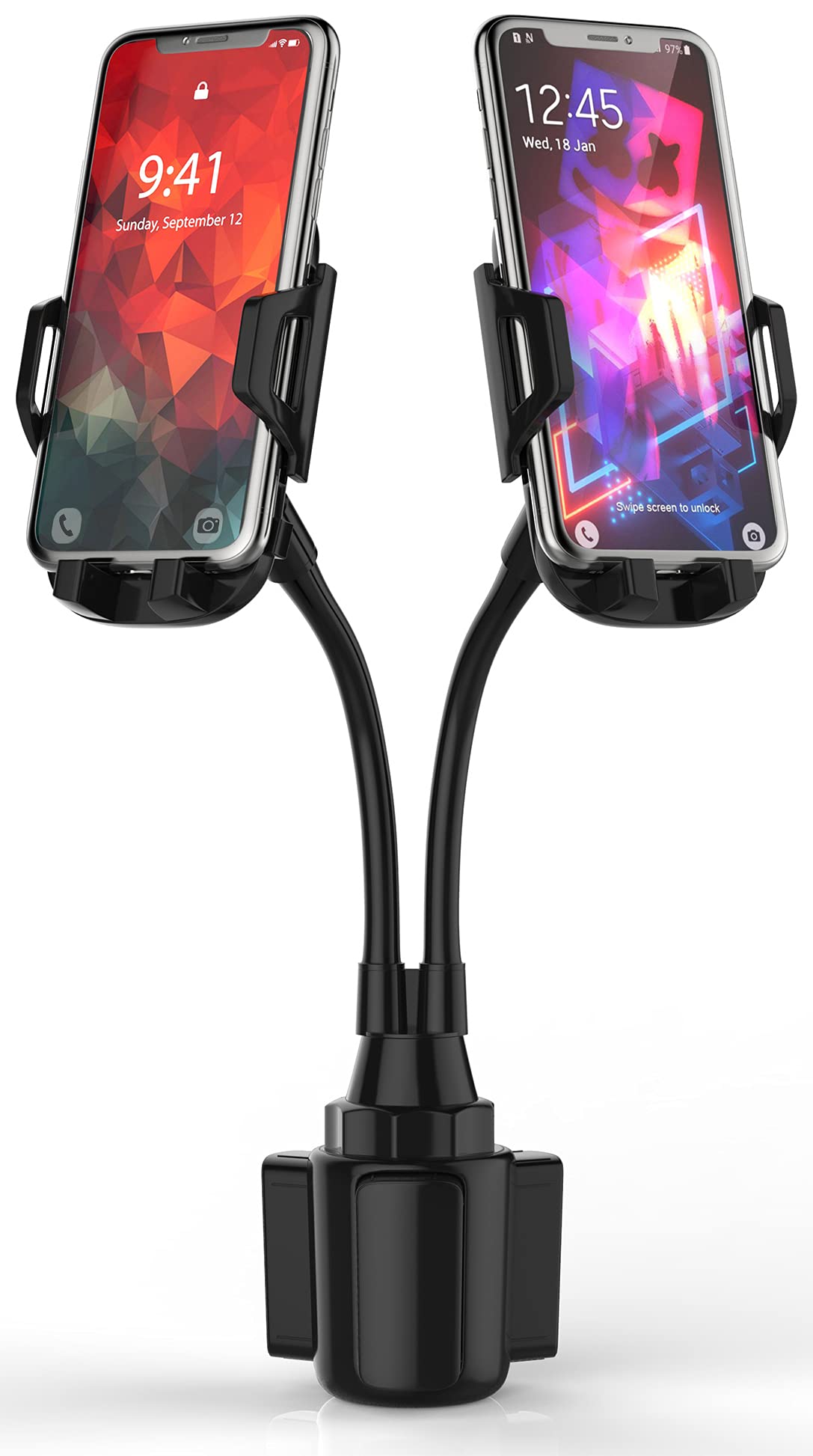 Dual Car Cup Holder Phone Mount - 360° Rotatable & Adjustable Long Flexible Neck - Universal Fit for 2 Phones (iPhone, Samsung, GPS) - Perfect for Road Trips, Uber/Lyft Drivers & Hands-Free Navigation