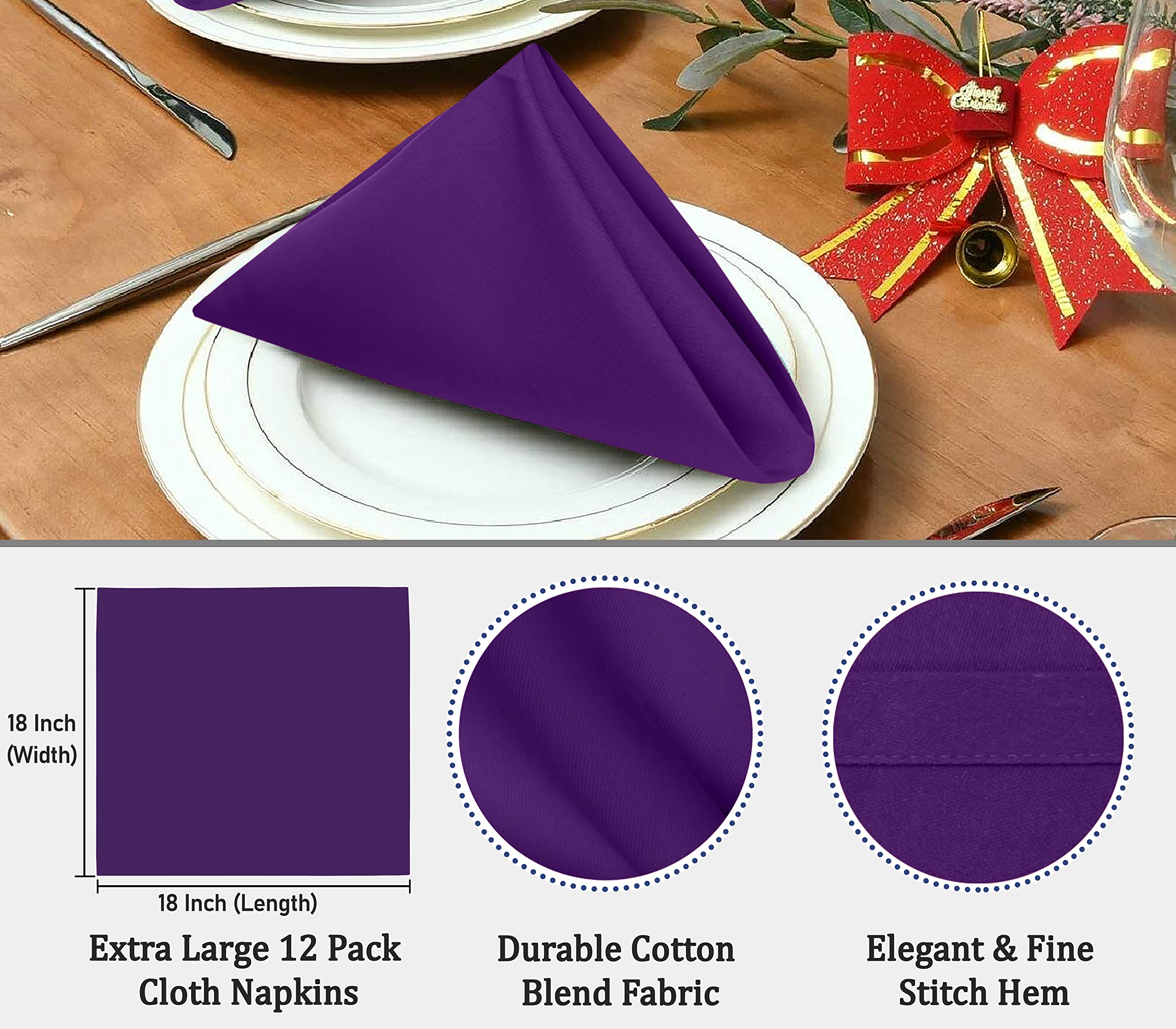 Premium 12-Pack Ruvanti 18x18 Inch Washable Cotton Blend Cloth Napkins - Soft, Durable & Highly Absorbent for Dining, Restaurants, Weddings & Parties (Purple) | Perfect for Everyday Meals, Fine Dining & Special Occasions