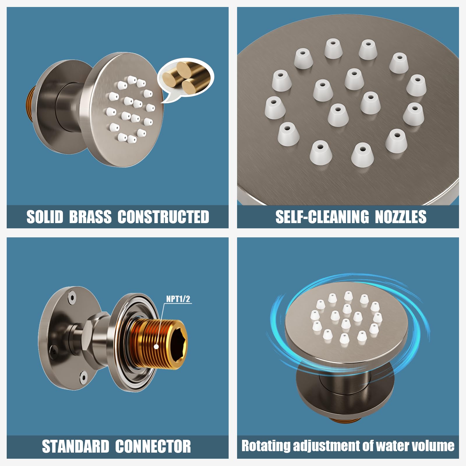 4-Piece Adjustable Shower Body Spray Jets with On/Off Flow Control - Brushed Nickel Wall Mount Massage Spa Jets for Relaxing Bath & Shower Experience