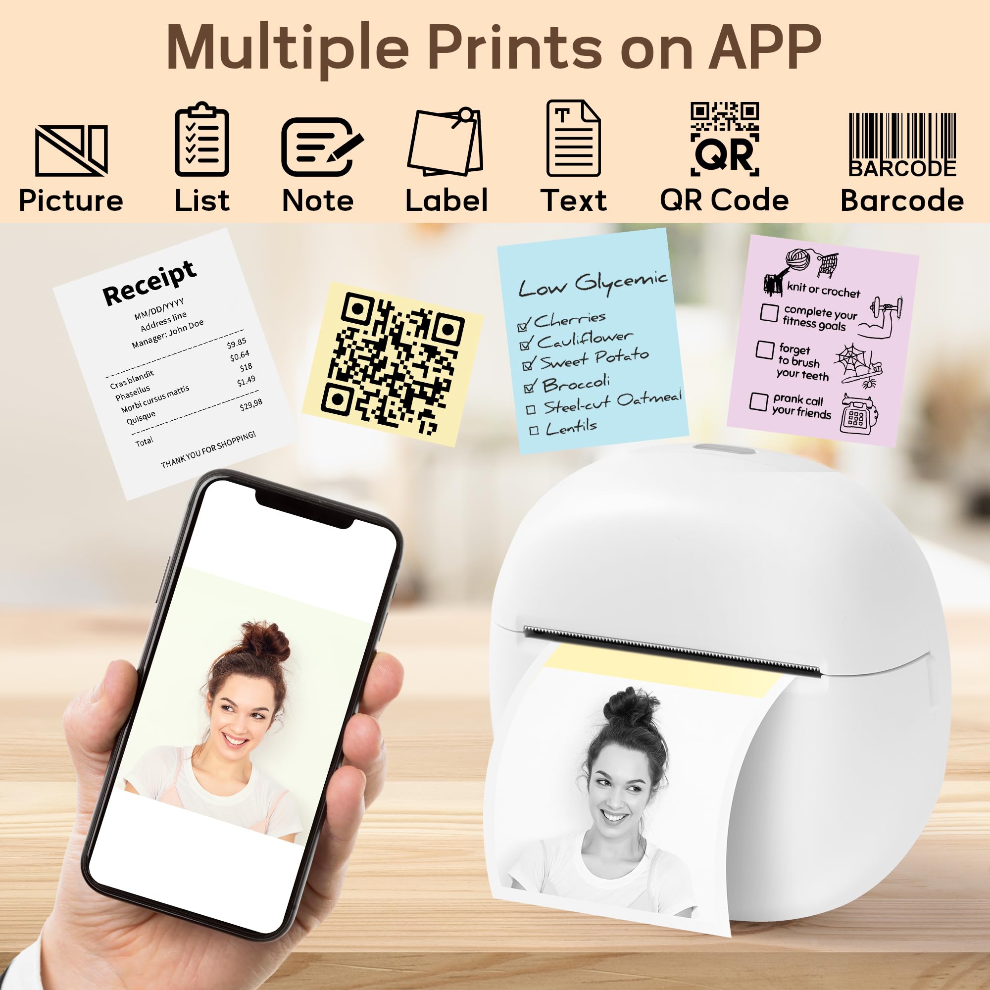 Mini Thermal Sticker Printer - Portable Bluetooth Photo & Label Maker for iOS/Android - Wireless Pocket Printer with 5 Sticker Rolls, Inkless Memo Maker for Home, Office & Travel (White)