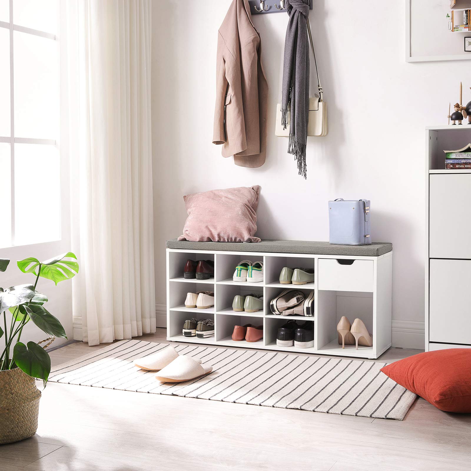 VASAGLE Storage Bench with Cushion, Entryway Bench with Drawer & Open Compartments, Multi-Purpose Storage Seat for Living Room, Bedroom, Closet - White & Gray ULHS24WT | Perfect for Small Space Organization & Entryway Seating