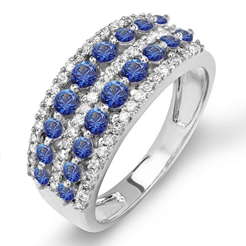 10K Solid White Gold Round Blue Sapphire & Diamond Women's Anniversary Wedding Band Ring – Elegant Gift for Wife, Engagement, Proposal, or Special Occasion