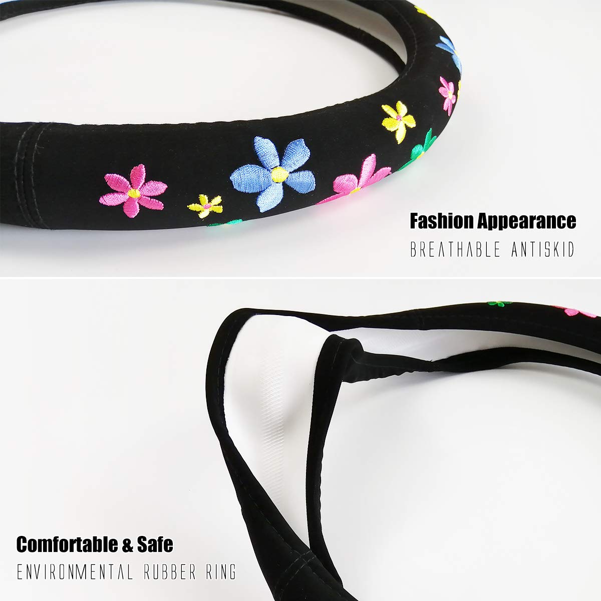 Cute Floral Embroidery Car Steering Wheel Cover for Women - Universal 15 Inch Soft Flannel Steering Wheel Protector - Perfect for Daily Commute & Road Trips