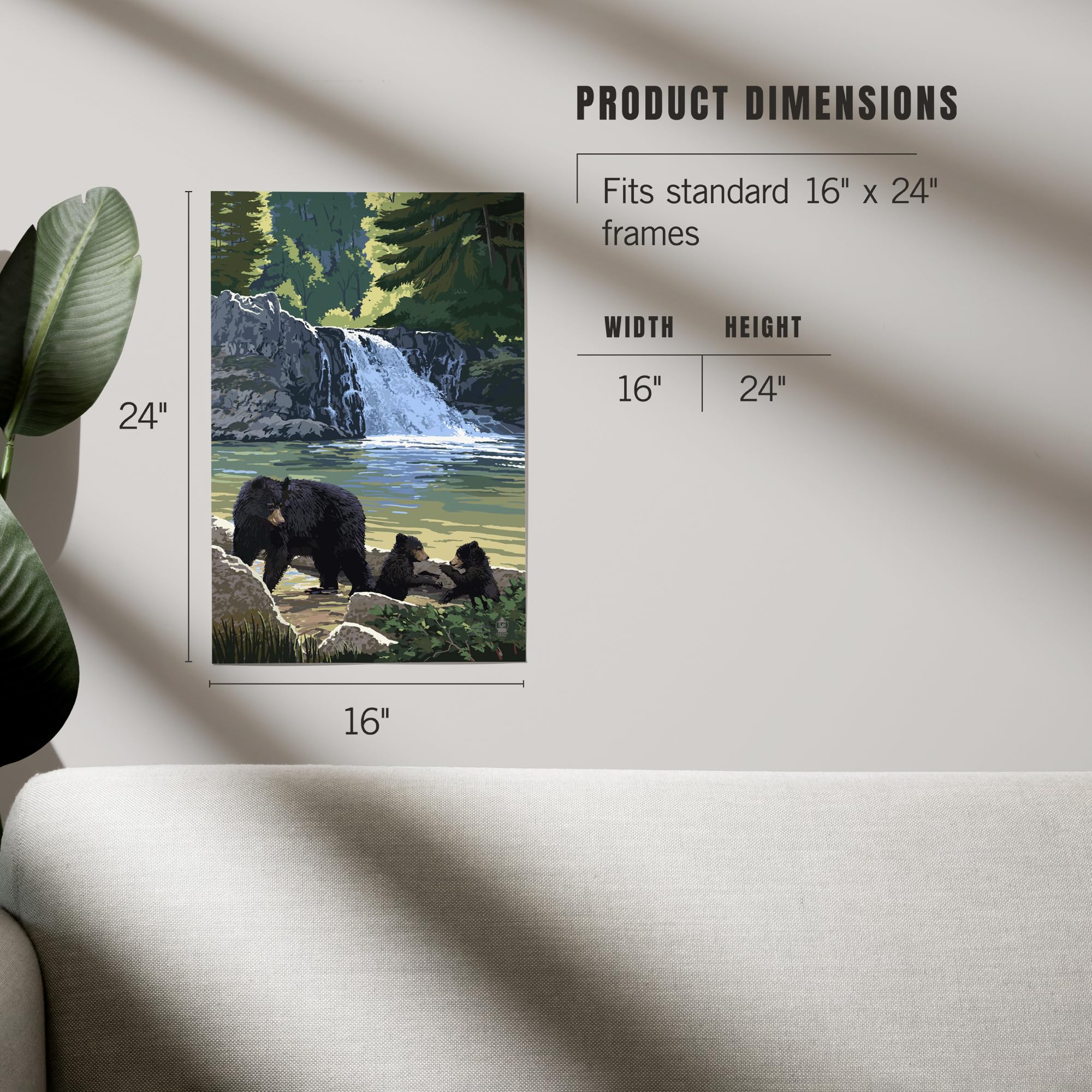 Lantern Press 16x24 Inch Giclee Art Print - Bear Family and Waterfall Wall Decor - Perfect for Living Room, Bedroom & Office Decorations