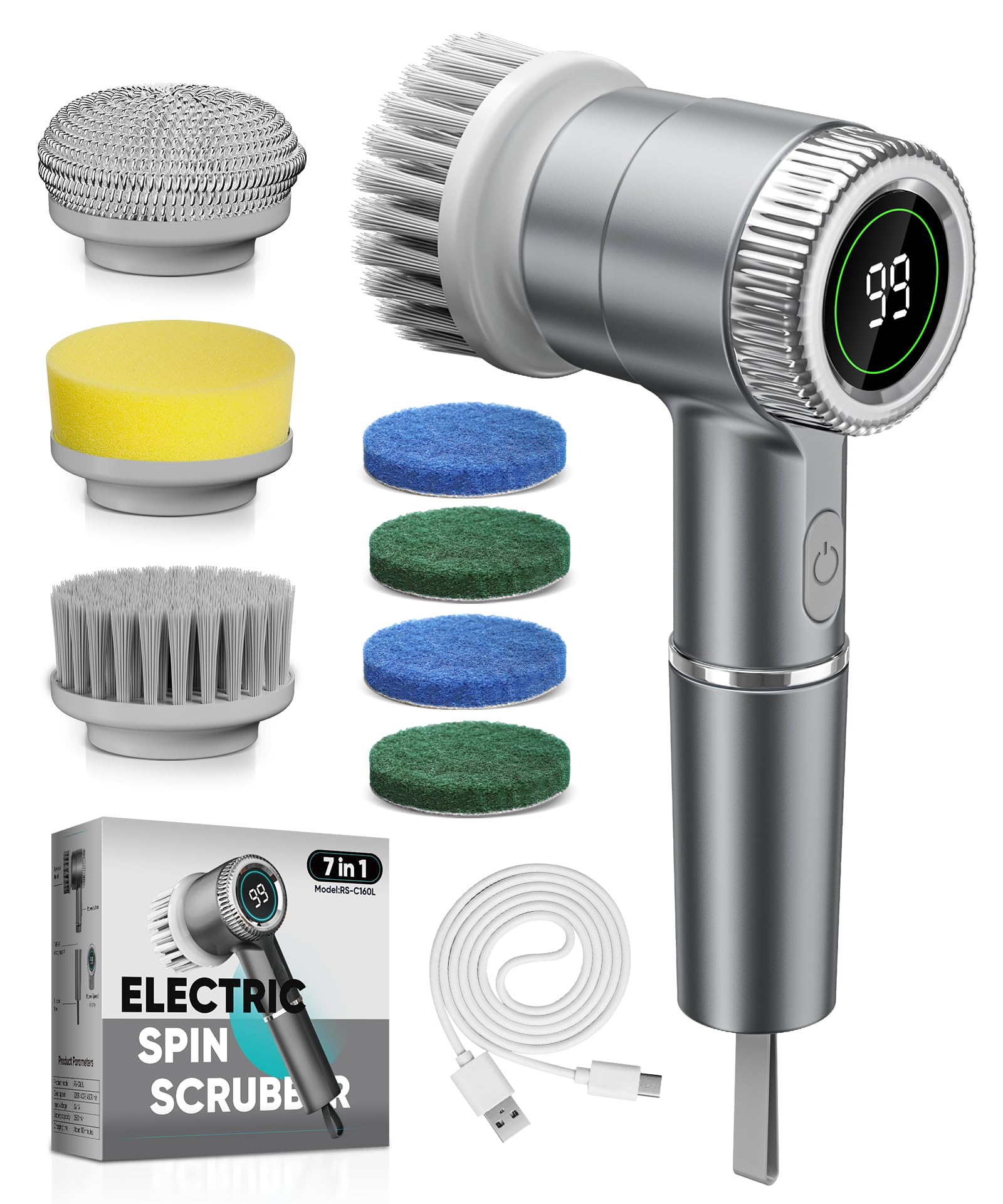 Cordless Electric Spin Scrubber with 7 Replaceable Brush Heads - 3 Speed Settings & LED Display - Power Cleaning Brush for Kitchen, Bathroom, Windows, Sinks - Perfect for Deep Cleaning Tiles, Grout, Showers and Hard-to-Reach Areas (Model LXC AJH2)