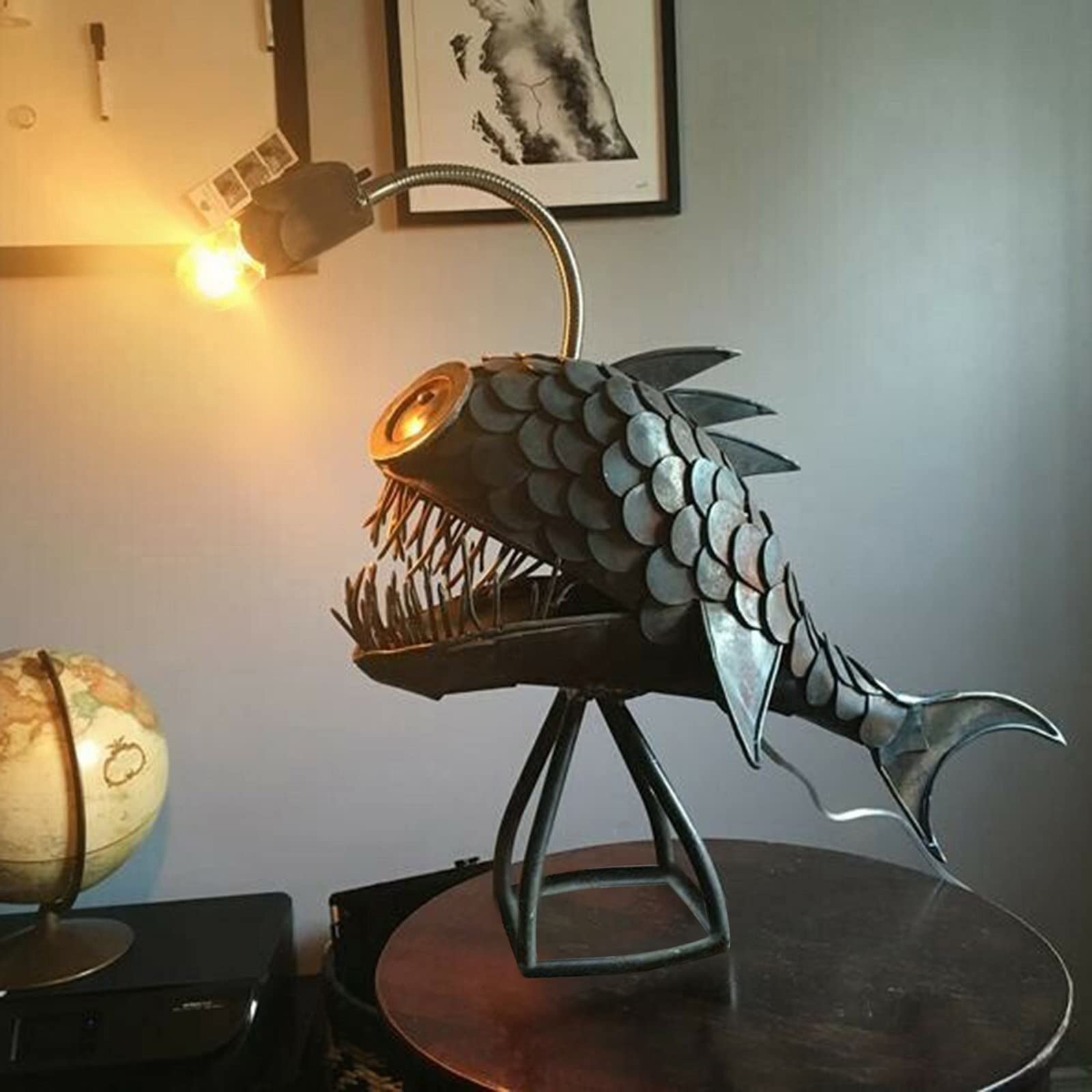 Handmade Rustic USB Angler Fish Lamp - Steampunk Style LED Table Light, Unique Shark Design for Home Office & Bedroom Decor, Black (wmEI4694) | Perfect for Nightstands, Gaming Rooms & Themed Interior Lighting