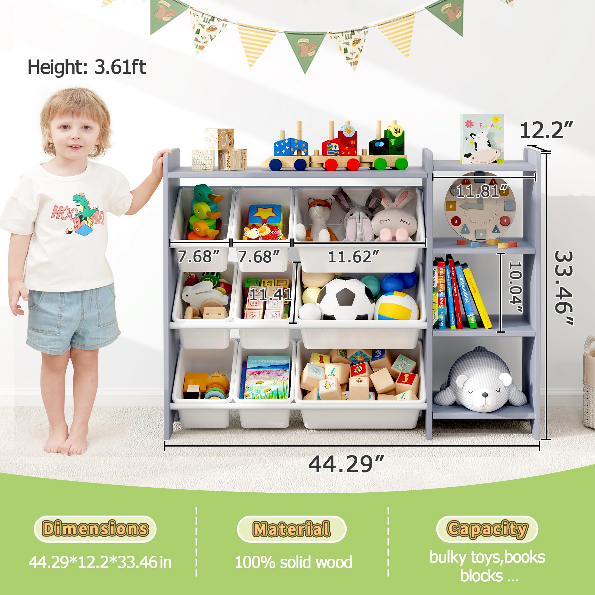 MallBest 4-Tier Kids Toy Storage Organizer Shelf - 100% Solid Wood Children's Storage Cabinet with 9 Plastic Bins & 3 Storage Ports, Grey - Perfect for Nursery, Playroom & Classroom Organization