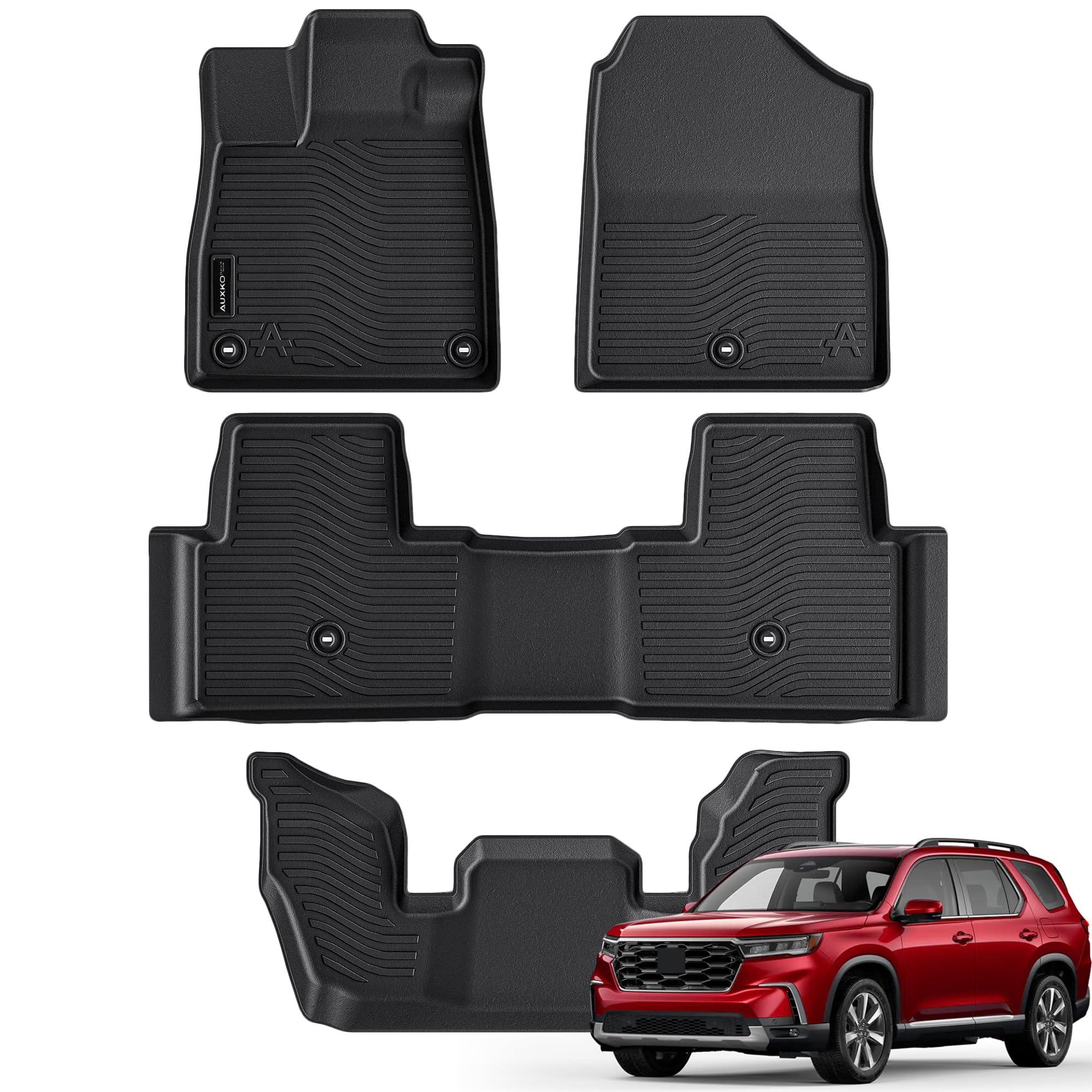 Auxko All Weather Floor Mats for Honda Pilot 2023 2024 2025 - TPE Rubber Liners, Anti-Slip, Odorless, 3 Row Black - Perfect for Daily Commute, Road Trips, and All-Season Protection