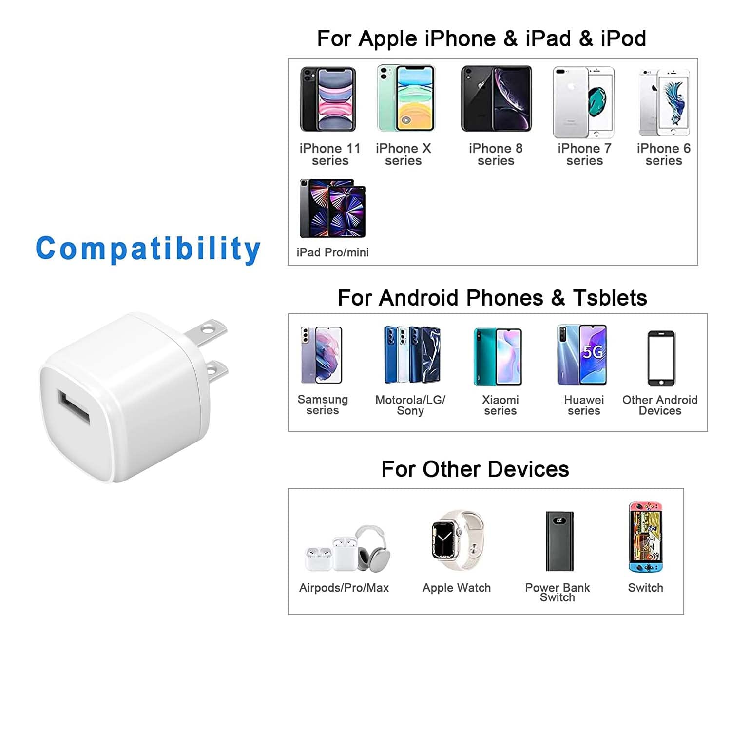 3-Pack Fast USB Wall Charger 5V/1A - Compact Power Adapter Cube for iPhone, iPad, iPod, Apple Watch, Android Phones, Tablets & More - Perfect for Home, Office & Travel Charging Needs