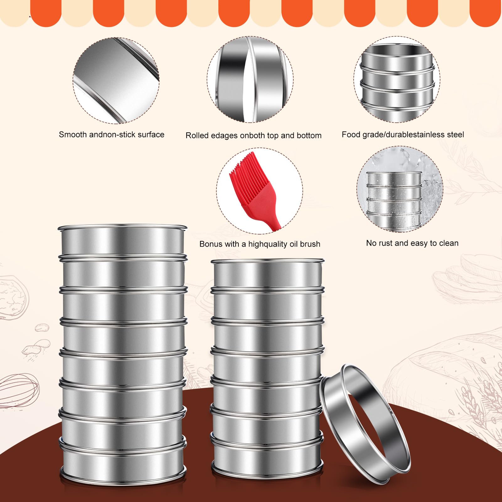 16 Pack Stainless Steel English Muffin Rings & Crumpet Rings Set - 4 Inch & 3.3 Inch Double Rolled Tart Rings, Round Cake Molds for Baking - Perfect for Homemade Pastries, Muffins, Tarts & Desserts - Includes Silicone Brush & Clamp for Easy Baking