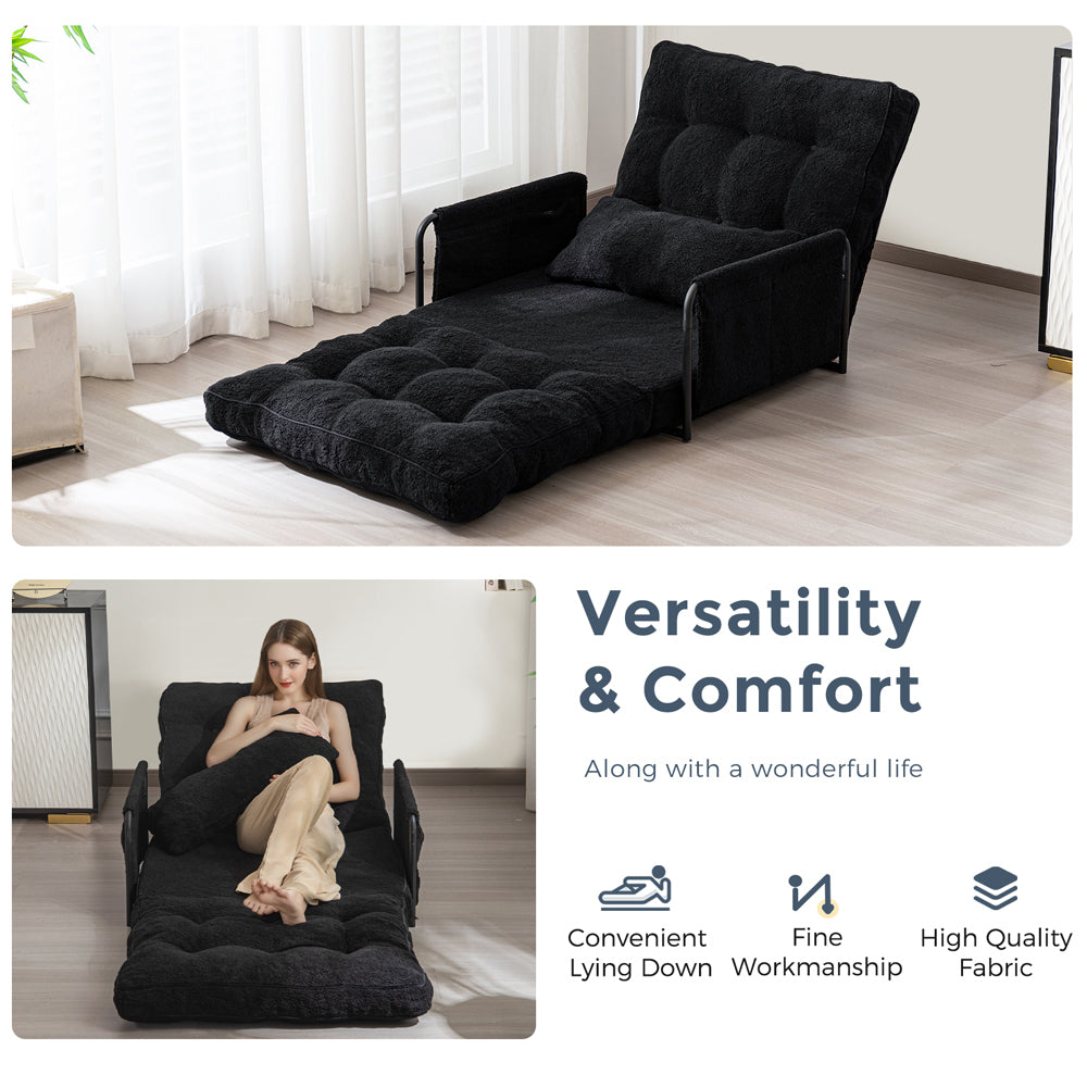 MAXYOYO Adjustable Floor Sofa Couch with Pillow - Boucle Convertible Lazy Sofa Sleeper Bed with Armrest - Single Size in Black - Perfect for Small Spaces, Living Rooms & Guest Beds