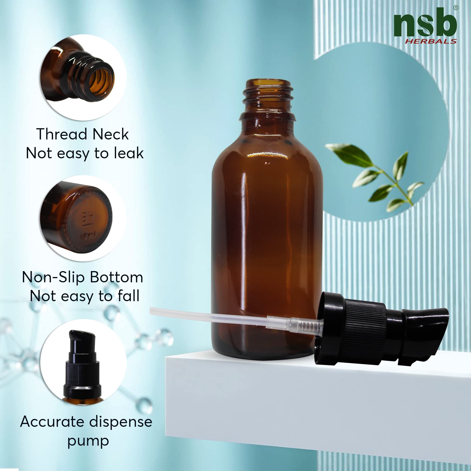NSB Herbals 50ml Amber Round Empty Glass Bottle with Lotion Pump & Black Cap - Perfect for Essential Oils, Blends, Skin Care, Cosmetics - Ideal for DIY Beauty Products, Aromatherapy, and Travel-Sized Containers (Pack of 3)