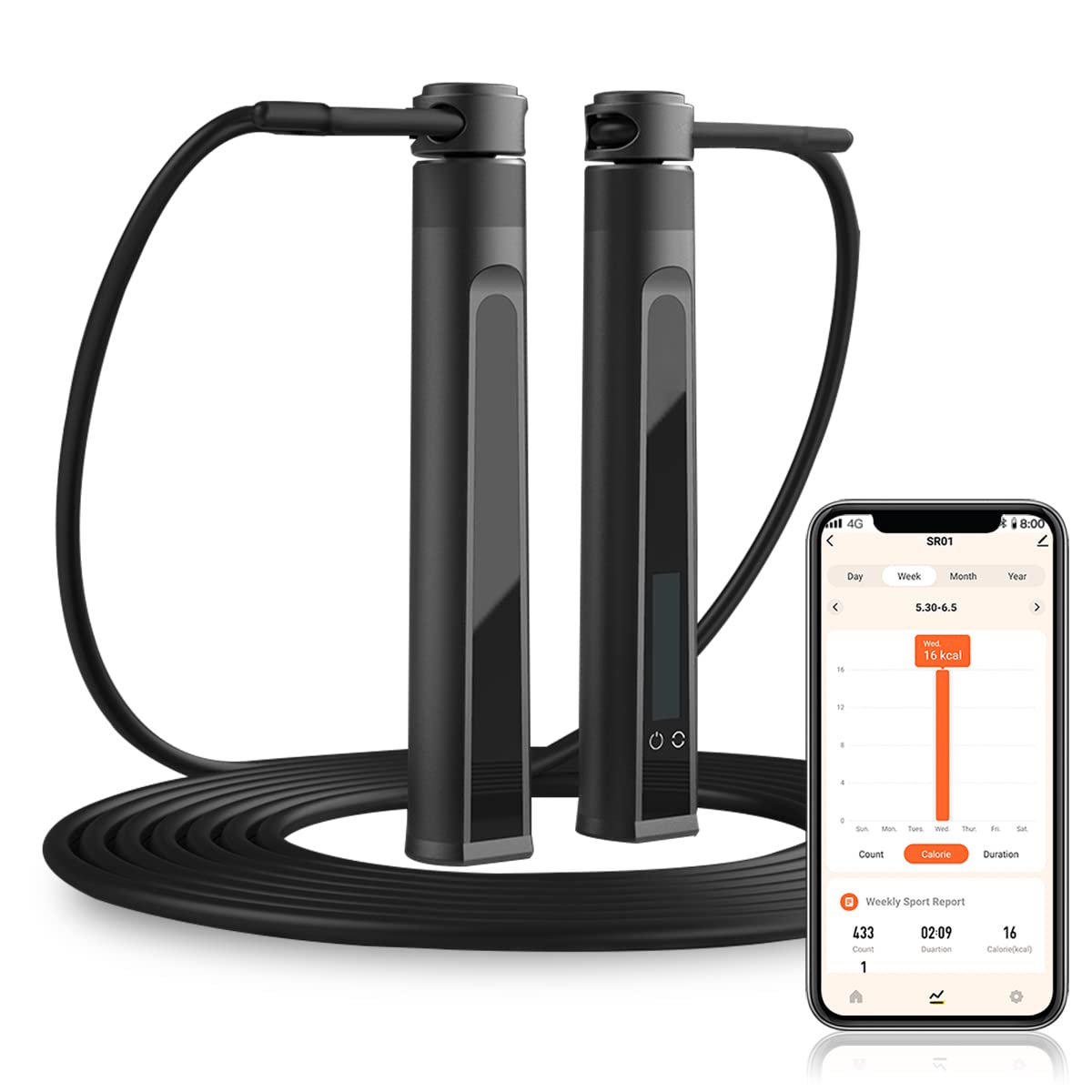 Smart Jump Rope with Calorie Counter - USB Rechargeable LCD Display, 3 Workout Modes, Adjustable Length & Smart Chip - 360° Smooth Bearing Silent Rope for Home Gym, Cardio & Weight Loss Training