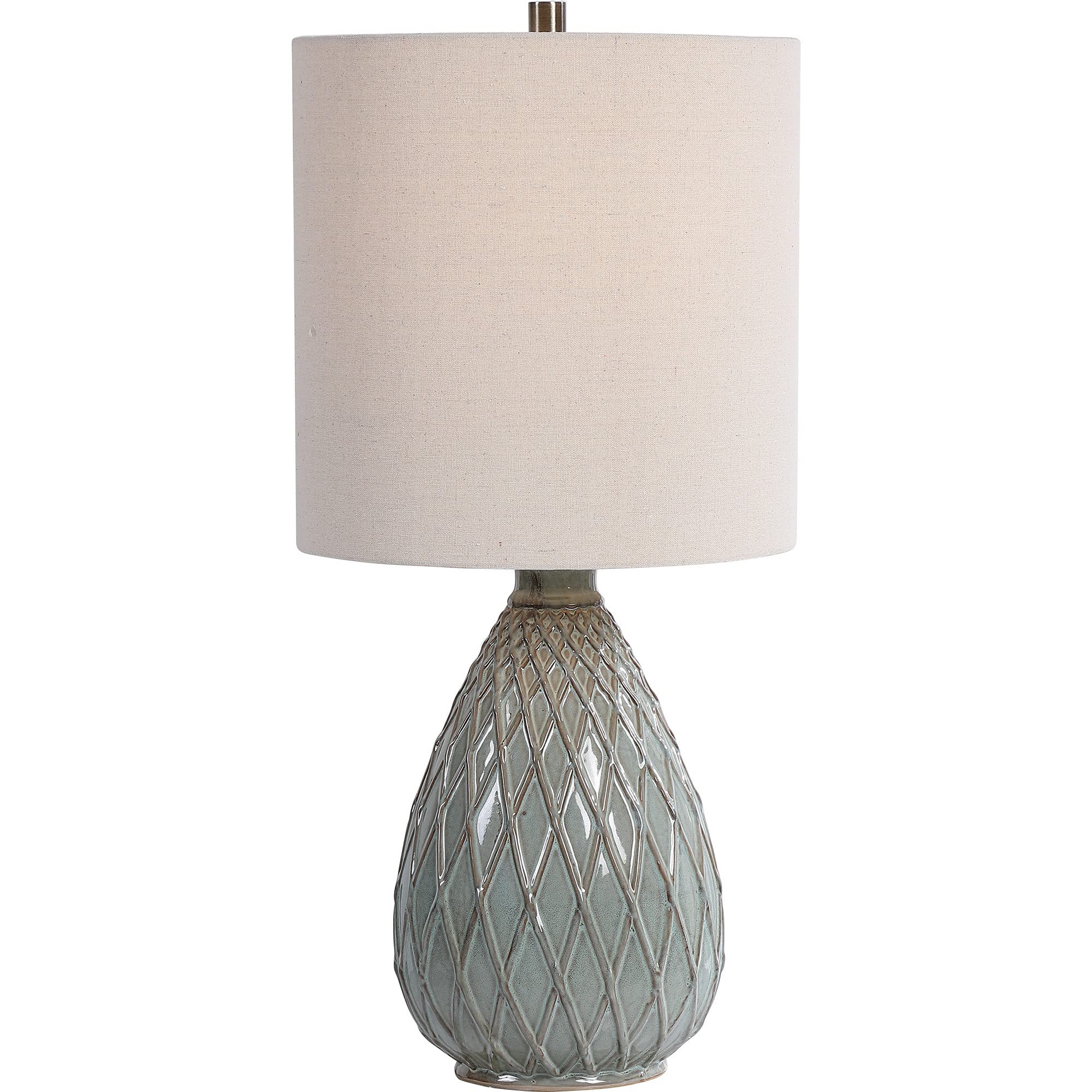 Benjara BM239383 Ceramic Table Lamp with Diamond Pattern - Gray Pot Belly Design for Living Room, Bedroom, or Office Decor