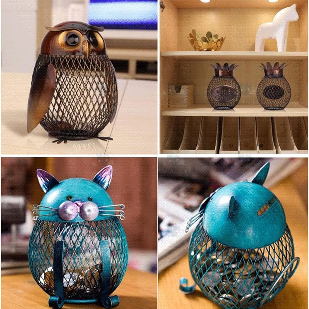 Pineapple & Animal Shaped Piggy Banks for Kids, Boys, Girls & Adults - Vintage Wrought Iron Money Jar with Hollow Coin Slot - Creative Savings Bank for Birthday Gifts, Allowance Tracking & Financial Education (Owl, Cat Designs)