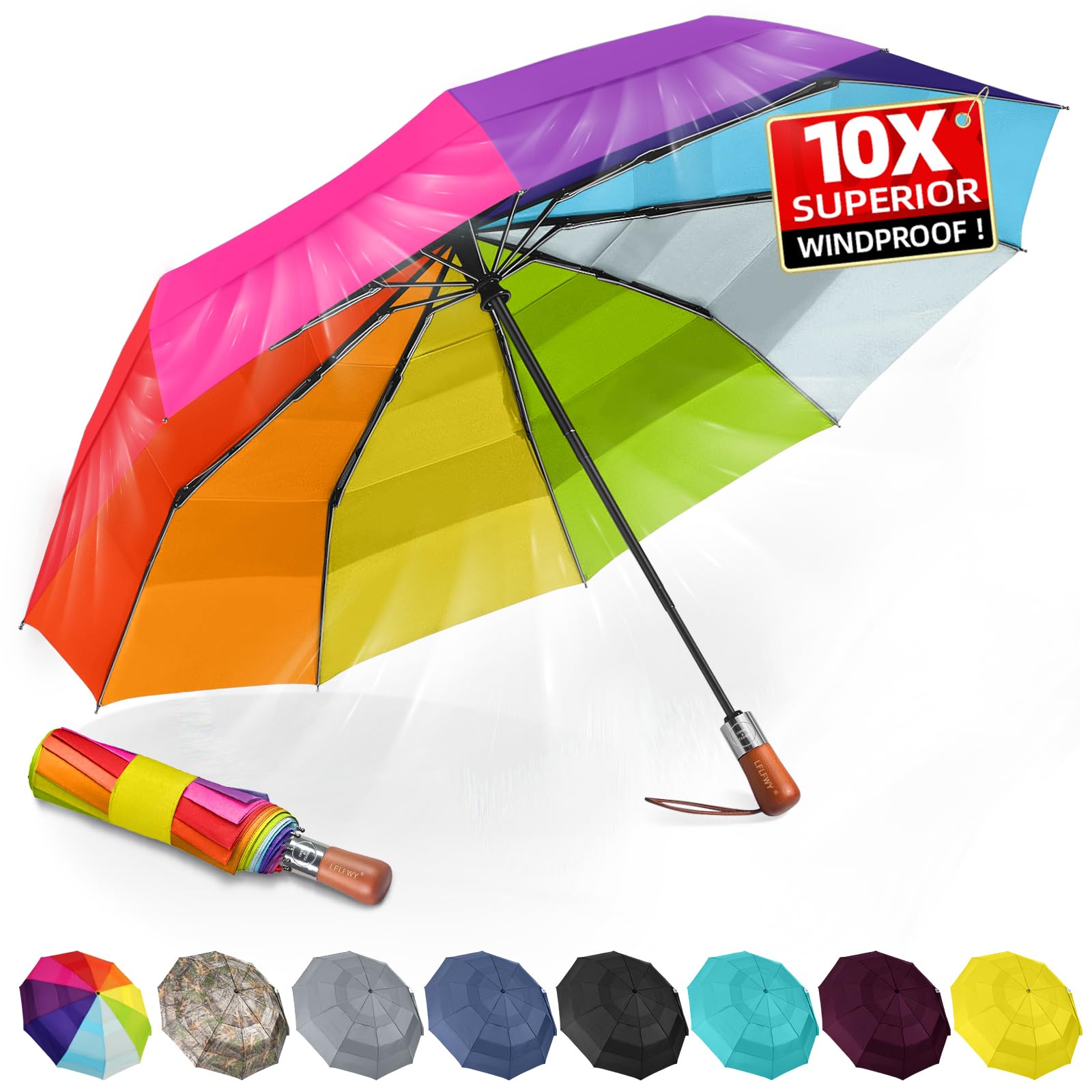 3T Wind Armor Travel Umbrella - Compact Auto Open/Close Folding Umbrella for Rain & Windproof - Durable Real Wood Handle - Portable for Backpack & Car - Perfect for Commuting, Travel & Outdoor Activities