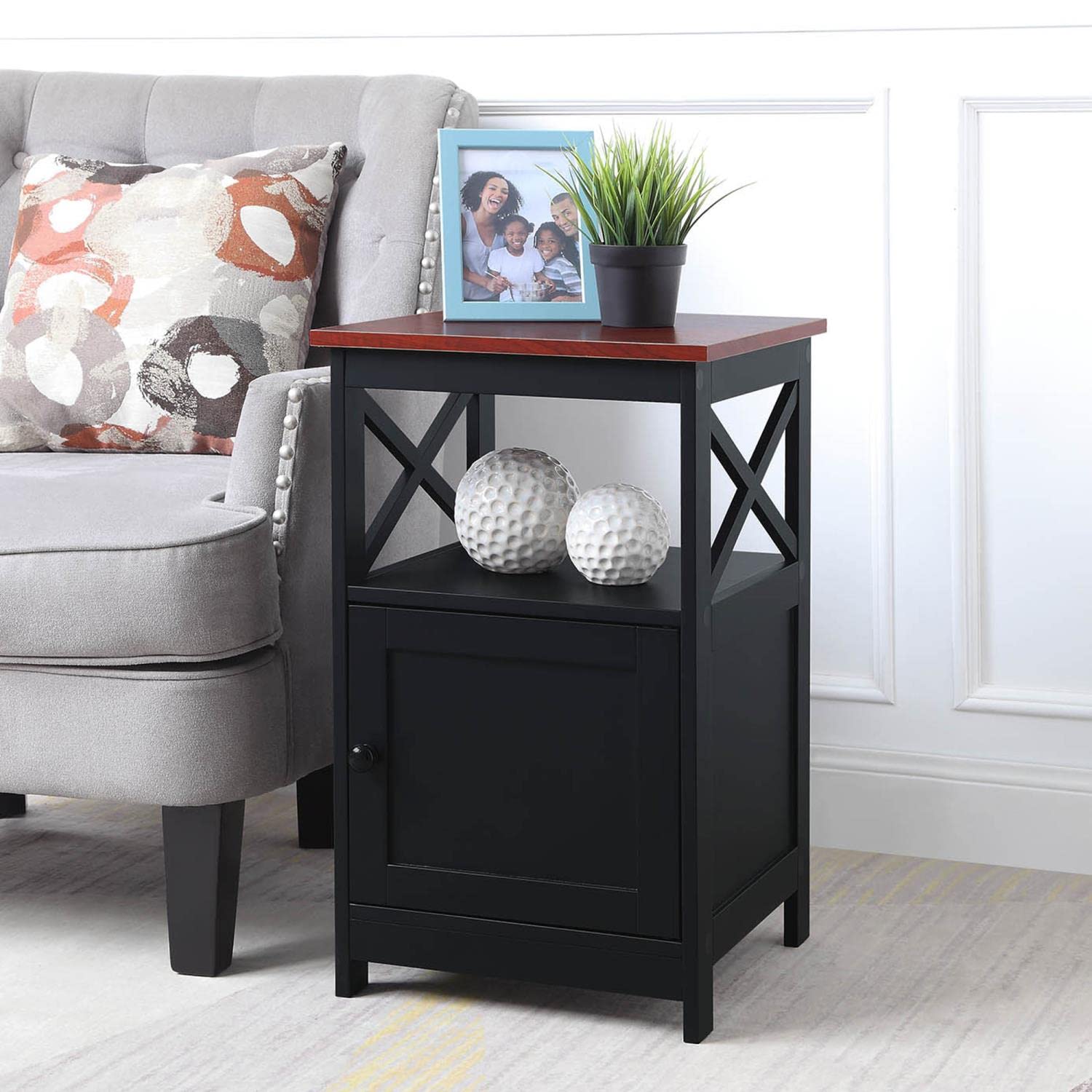 Convenience Concepts Oxford End Table with Storage Cabinet and Shelf - Cherry/Black Finish - Perfect for Living Room, Bedroom, or Office Organization