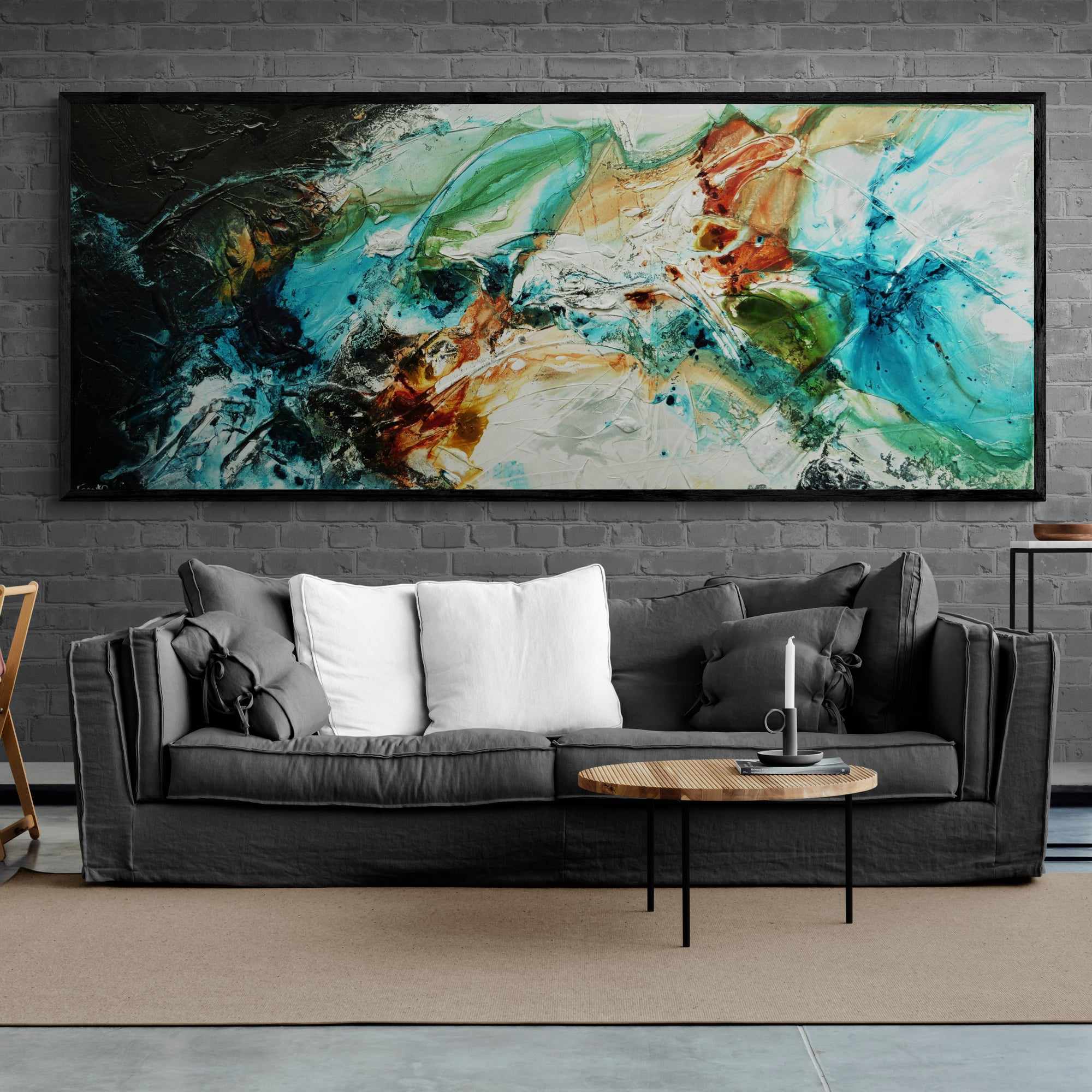 240cm x 100cm Black White Teal Textured Abstract Wall Art Painting - Modern Iron & Oxide Canvas for Living Room, Bedroom & Office Decor