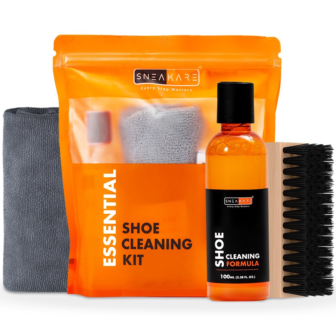 SNEAKARE Essential Shoe Cleaning Kit - 100ml Sneaker Cleaner Foam Spray & Medium Bristle Brush - White Shoe Care Set for Sneakers, Sports Shoes, Running Shoes - Perfect for Gym, Workout & Daily Shoe Maintenance