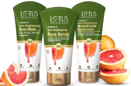 Lotus Botanicals Vitamin C Skincare Kit - Face Wash (100ml), Face Scrub (100g), Matte Sunscreen SPF50 (75g) | 3-Piece Set for Brightening, Exfoliating & Sun Protection | Perfect for Daily Skincare Routine & Travel