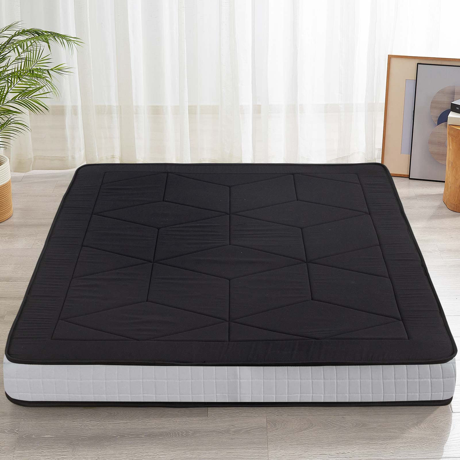 MAXYOYO 6-Inch Extra Thick Floor Futon Mattress - Geometric Diamond Pattern in Black | Foldable Guest Bed, Dorm Room Mattress & Space-Saving Floor Cushion