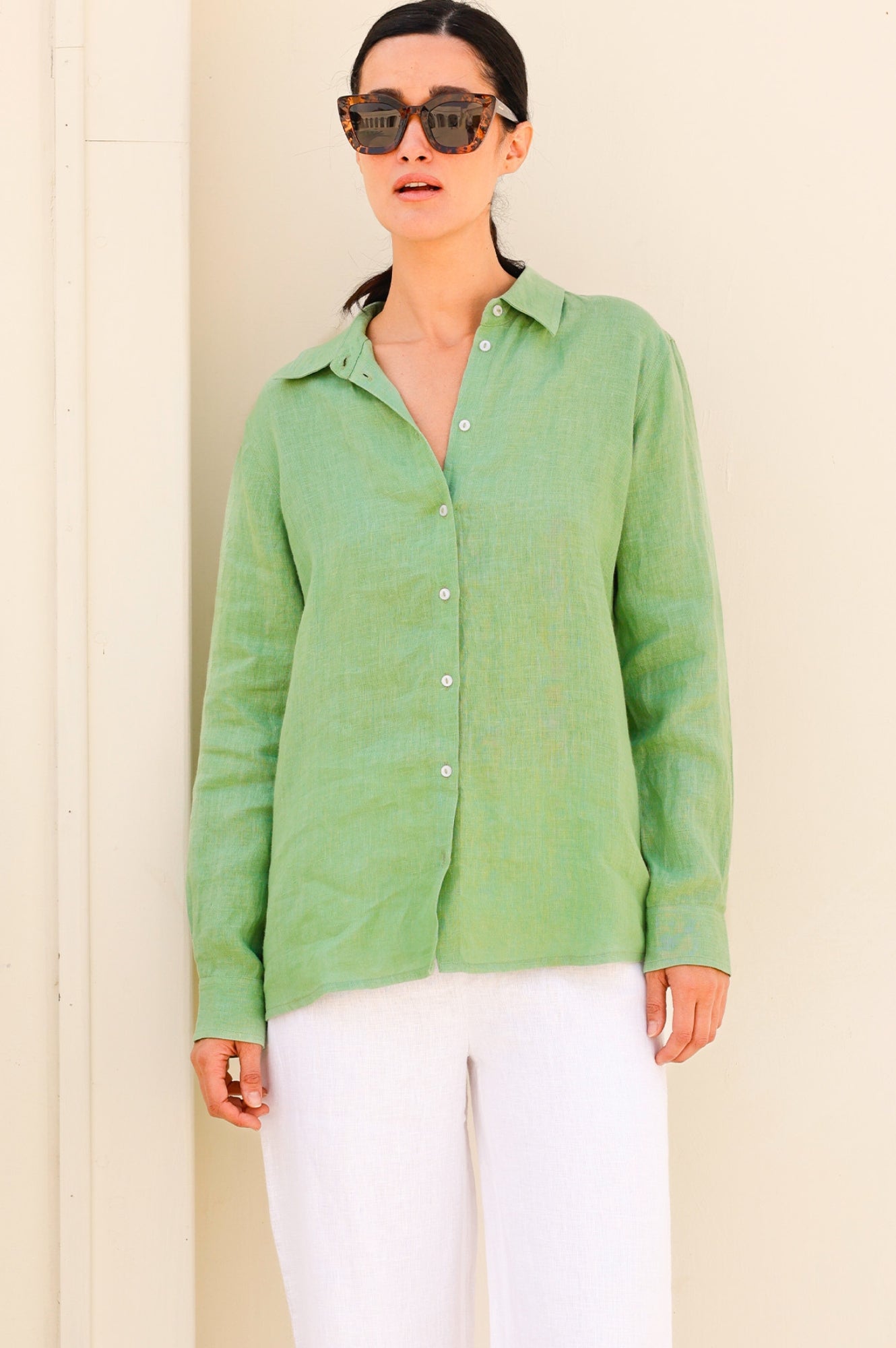 Women's Linen Shirt - Breathable & Lightweight Summer Top in Leaf Green | Casual Wear, Beach Outfit & Office Attire