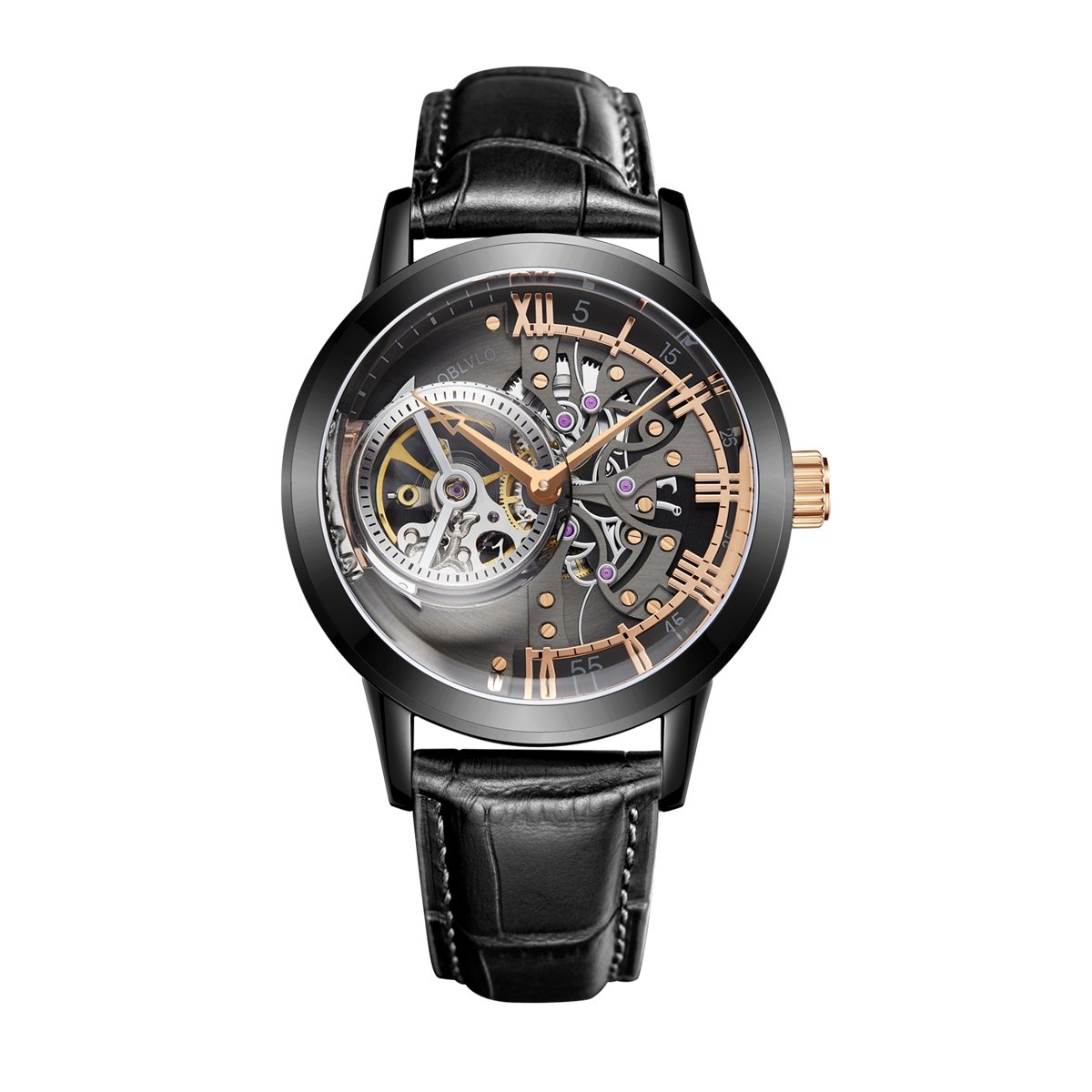 OBLVLO Luxury Rose Gold Men's Automatic Skeleton Watch with Leather Strap VM-1 - Perfect for Business, Formal Events & Gift Giving