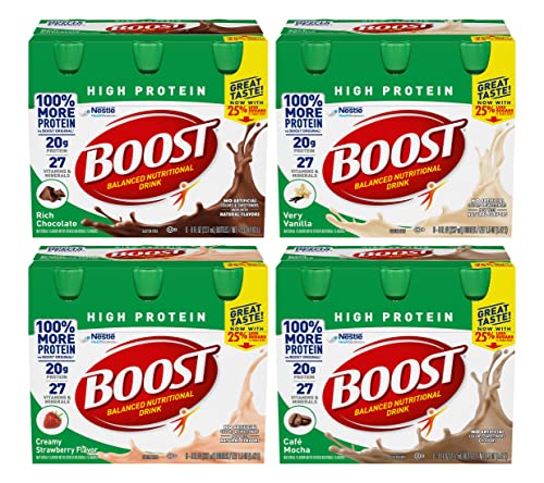BOOST High Protein Nutritional Drink Variety Pack - Rich Chocolate, Vanilla, Strawberry & Cafe Mocha Flavors | 12 Pack Protein Shakes for Weight Loss, Muscle Recovery & Energy Boost | Perfect for Gym, Workouts & Post-Exercise Recovery