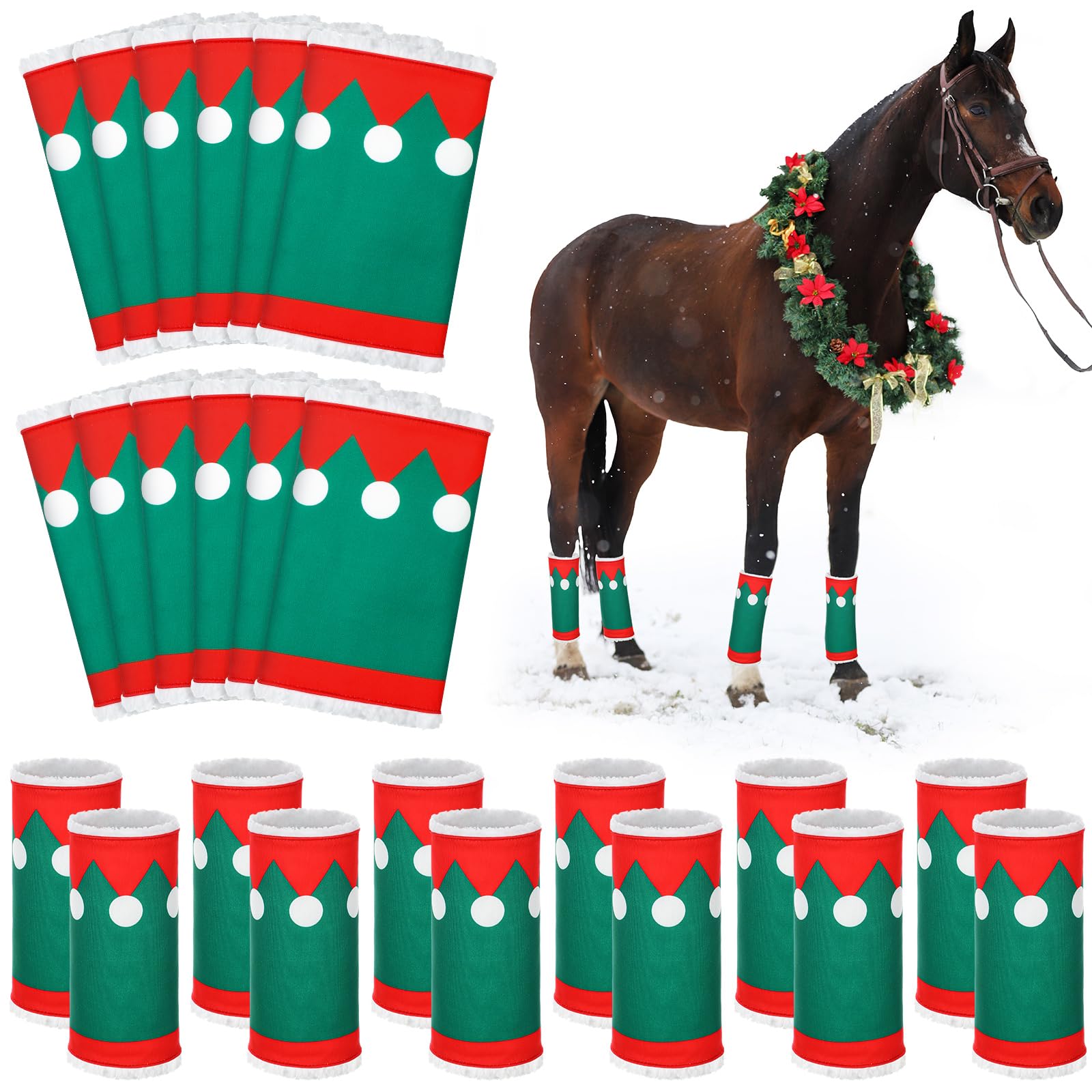 12 Pcs Christmas Horse Leg Wraps - Faux Fur Polyester Standing Wraps for Horses & Sheep - Elf Style Leg Warmers for Christmas Parades & Party Decorations - Perfect for Holiday Festivities & Farm Animal Costumes