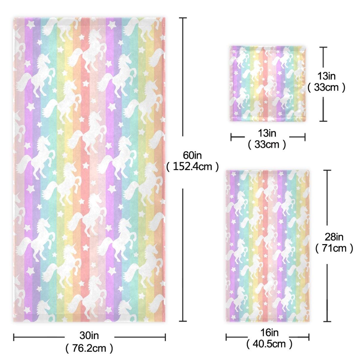 Rainbow Stripe Unicorn Star Soft Luxury 3-Piece Towel Set - 1 Bath Towel, 1 Hand Towel, 1 Washcloth | Ultra Absorbent & Decorative for Bathroom, Hotel, Gym, Spa, Beach | Perfect for Kids' Rooms, Birthday Gifts & Themed Decor