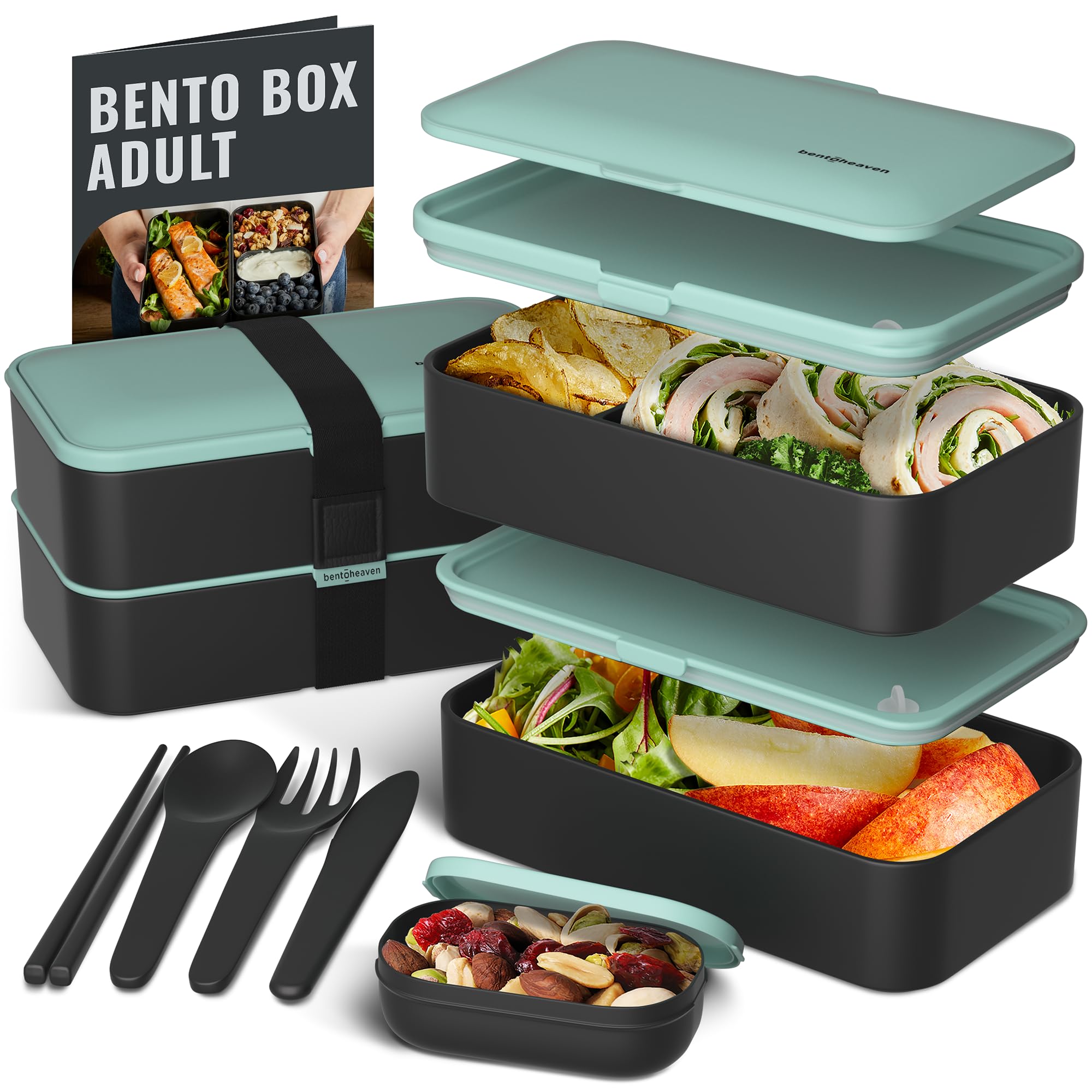 Premium Bento Box for Adults - Japanese-Style Lunch Box with Compartments for Women & Men | Includes Utensil Set, Chopsticks & Dip Container | Microwave Safe | Cute Design for Office, School & Picnics (Billie Green)