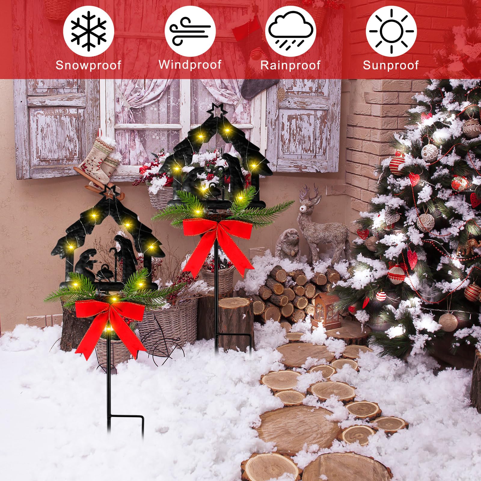 2 Pack Christmas Solar Stake Lights - Nativity Scene LED Outdoor Decor with Poinsettia Flowers, Waterproof Metal Yard Stakes for Garden, Lawn & Pathway (Perfect for Holiday Family Gatherings & Nighttime Display)