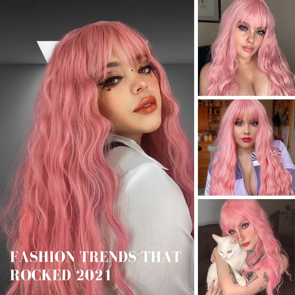 Long Wavy Pink Wig with Bangs for Women - Heat Resistant Synthetic Hair Wig for Daily Wear & Cosplay Events - Perfect for Halloween, Costume Parties, Anime Conventions & Themed Events (Pink)