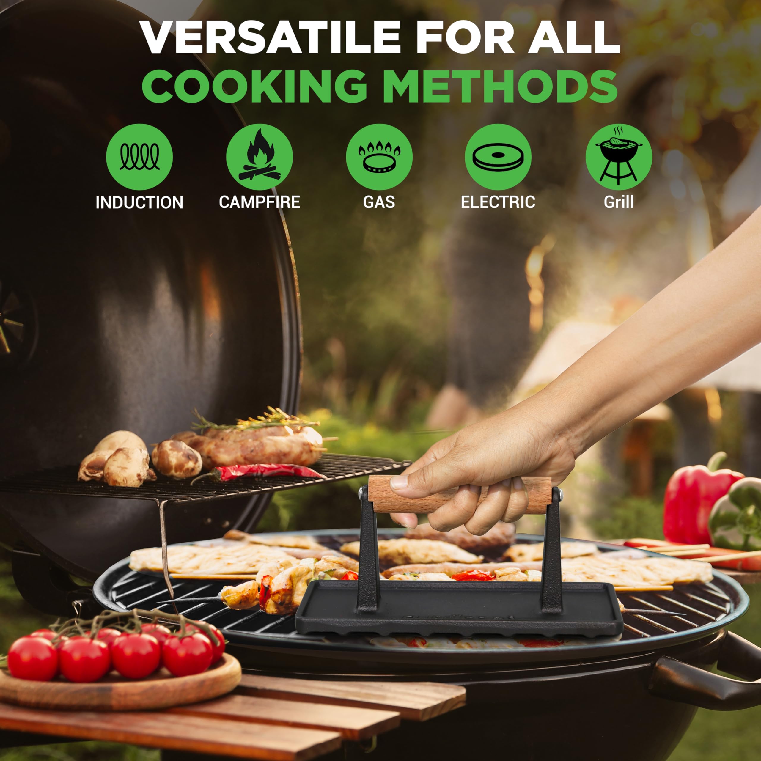 Nutrichef Heavy-Duty Cast Iron Grill Press with Wooden Handle - Perfect for Steaks, Burgers, Bacon & Quesadillas - Speeds Cooking & Creates Beautiful Grill Marks - Ideal for BBQ, Camping & Indoor Grilling