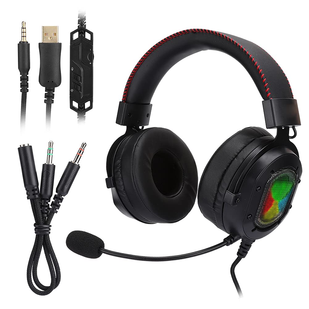 Wired Gaming Headset with RGB Lighting & Noise Cancelling Mic - 3.5mm Wired Headphones with Crystal Clear Audio for PC, Laptop, Xbox, PlayStation - Perfect for Competitive Gaming & Online Meetings (Black & Red)