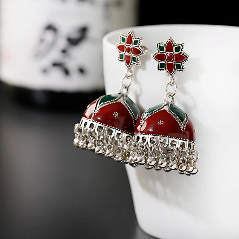 Bohemian Floral Jhumka Earrings with Silver Tassels - Handmade Ethnic Indian Jewelry for Women (E905) | Perfect for Festivals, Weddings & Boho Fashion Accessories