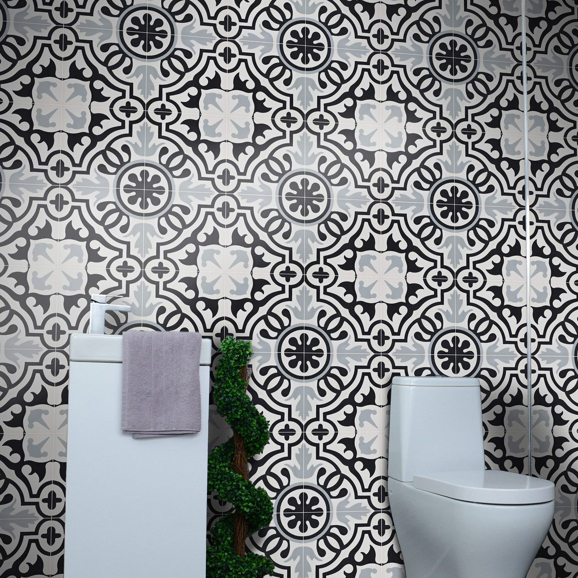 Handmade Moroccan Cement Mosaic Tile - Pack of 12 (Black, Grey, White) - Authentic Baha Design for Kitchen Backsplash, Bathroom Floor & Wall Decor